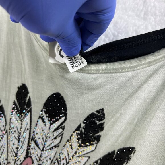 Vocal California Women L Embellished Feather Graphic Tee Racerback Moto USA Made - Picture 3 of 12